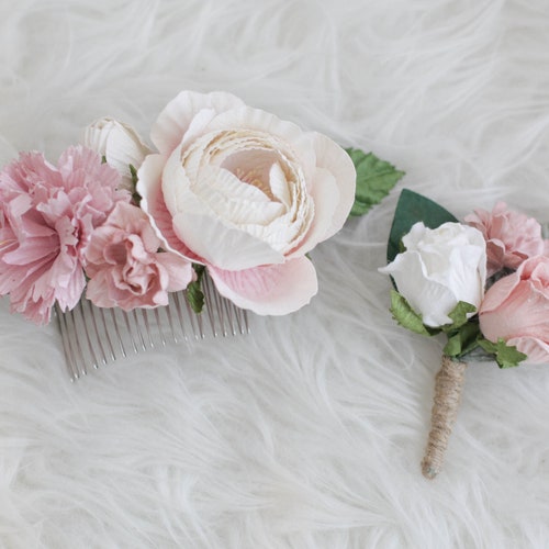 BLUSH Paper Flower Hair Comb, Matching Boutonniere, Wedding Hair Accessories, Flower Hair Accessory, Wedding Accessories, buying Blush Pink Wedding