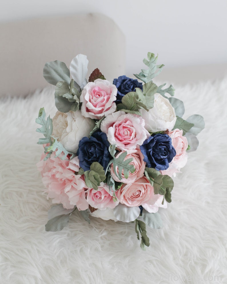 Diameter 9 Bespoke Light Pink/&Navy Blue Hydrangea Rose Anemone Bridal Round Paper Bouquet Alternative Wedding, Purple