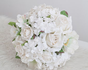 Diameter 9" WHITE WEDDING Simple Paper Bridal Bouquet - Paper Flower Wedding, Garden Style Wedding, Round Bridal Bouquet