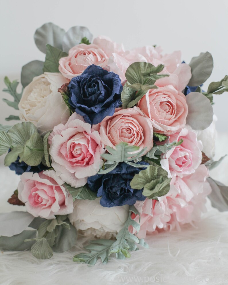 Diameter 9 Bespoke Light Pink/&Navy Blue Hydrangea Rose Anemone Bridal Round Paper Bouquet Alternative Wedding, Purple
