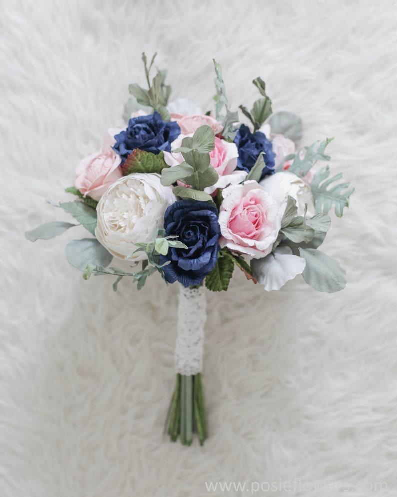 Diameter 9 Bespoke Light Pink/&Navy Blue Hydrangea Rose Anemone Bridal Round Paper Bouquet Alternative Wedding, Purple