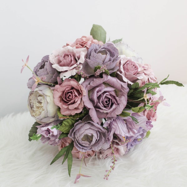 Diameter 9" Bespoke LIGHT PURPLE LAVENDER Paper Bridal Bouquet - Wild Purple, Alternative Wedding, Paper Flower Bouquet, Wedding Bouquet