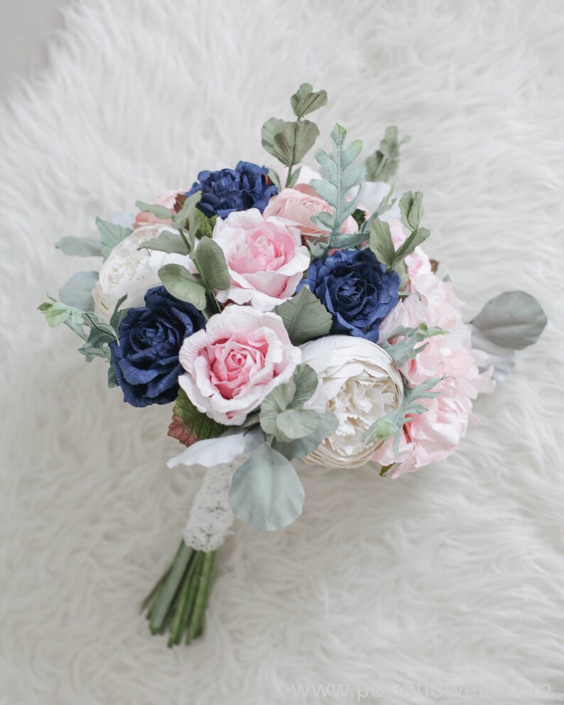 Diameter 9 Bespoke Light Pink/&Navy Blue Hydrangea Rose Anemone Bridal Round Paper Bouquet Alternative Wedding, Purple
