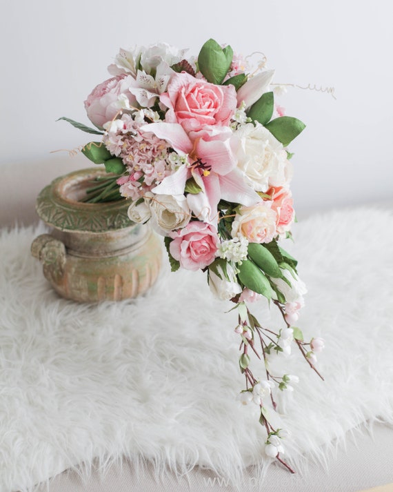 Spring Spirea and Tulip Garden Faux Cascade Wedding Bouquet