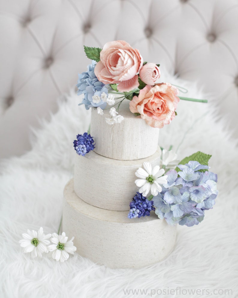 Paper Flower Cake Topper PEACH ROSE Blue Hydragea and White Etsy