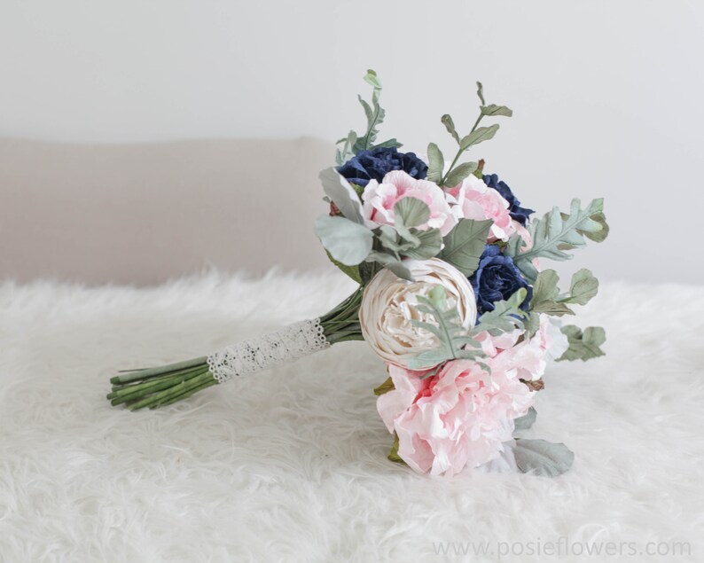 Diameter 9 Bespoke Light Pink/&Navy Blue Hydrangea Rose Anemone Bridal Round Paper Bouquet Alternative Wedding, Purple