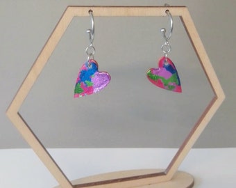 Heart|Wood|Dangle|Huggie|Earrings|Coloured leaf|Resin|Wooden|Bold|Bright|Fun