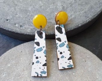 Wood|Terrazzo|Digitally printed|Dangle Stud|Yellow|Enamel|Digital print|Dangle earrings|Gift|Birthday gift