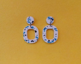 Jesmonite|Terrazzo|Dangle|Drop earrings|Summer|Lght weight|Blue, black and white