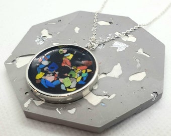 Resin and Jesmonite terrazzo necklace|silver|Handmade|Open backed bezel|Non toxic|Solvent free|Confetti|Fun|Sister|Friend|Birthdays|Gift