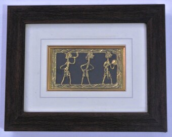 1970's Brass Tribal Group Dancing, Framed Vintage Art, Dhokra Art, Warli Painting, Warli Art, Worli Painting, Worli Art - Buy 1 Get 1 FREE