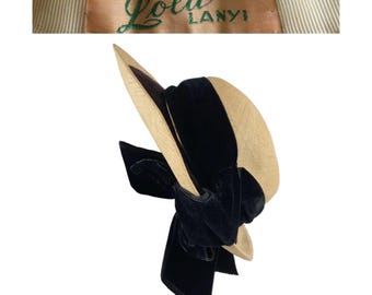 Vintage 1940s Hat, Face Framing Hat, Straw, Velvet Trim Bow