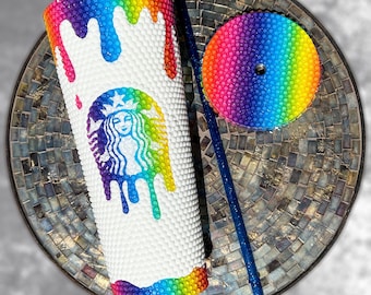 Rainbow Drip Starbucks Bling Tumbler