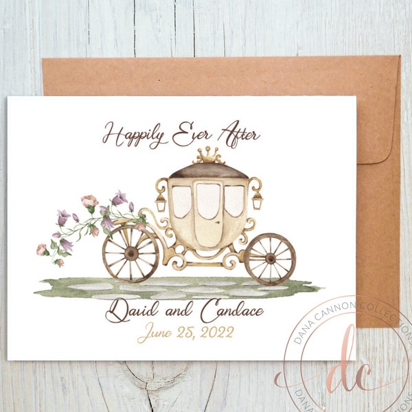 Happily Ever After Personalized Wedding Card, Fairytale Carriage Wedding, Custom Wedding Cards, Vintage Fairytale Wedding Car, I Do Wedding