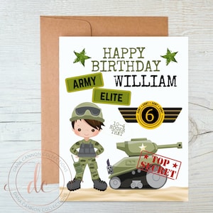 Army Birthday Cards, Personalized Happy Birthday Cards, Soldiers and Tanks, Camoflage Military Birthday Party Favors, US Army