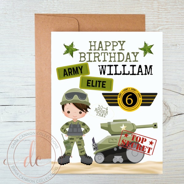 Army Birthday Cards, Personalized Happy Birthday Cards, Soldiers and Tanks, Camoflage Military Birthday Party Favors, US Army
