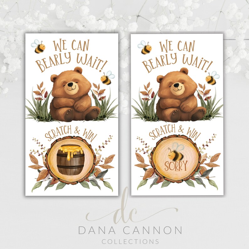 May include: Two brown bear scratch off cards with the text "We can bearly wait!" and a honey pot or a bee with the text "Sorry" underneath. The cards are decorated with bees and leaves.