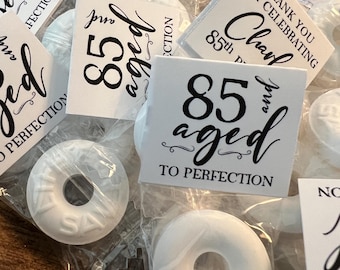 Birthday Mint Party Favors, AGED TO PERFECTION, Custom Breath Mint Birthday Labels, Personalized Mint Favors, Custom Mints, 85th birthday