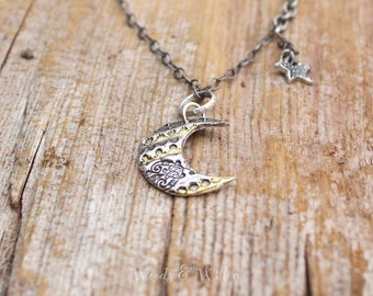 Sterling Silver and Gold Crescent Moon Necklace, Silver Star Necklace, Celestial Necklace