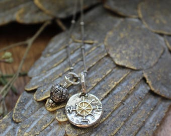 Handmade Sterling Silver Compass Necklace: Gold Accent, Diamond Heart