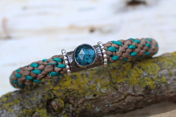 Kumihimo Cuff Bracelet: Teal Kyanite, Sterling Silver, Coffee Turquoise Woven Cuff