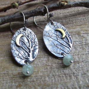 Sterling Silver Enchanted Forest Earrings, Crescent Moon Earrings, Aquamarine Earrings, Artisan Earrings, Branch Earrings, Tree Earrings
