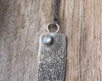 Oxidized Sterling Silver Woodland Necklace: Rainbow Moonstone Forest Pendant
