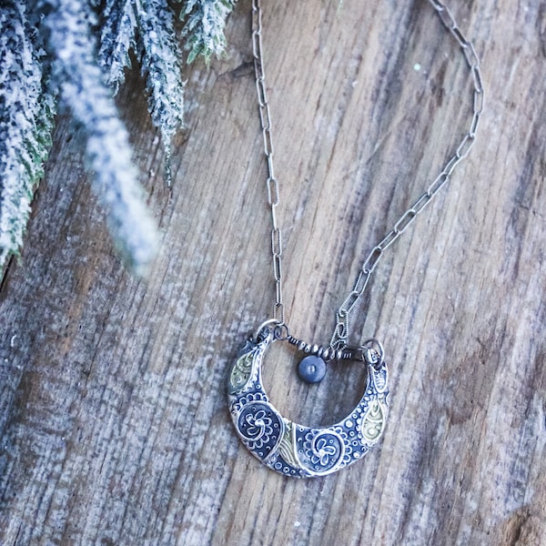 Paisley Moon Necklace, Crescent Moon Necklace with Diamond, Celestial Necklace, Artisan Necklace