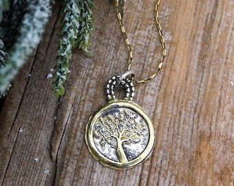 Sterling Silver Tree of Life Necklace: 22kt Gold Accents