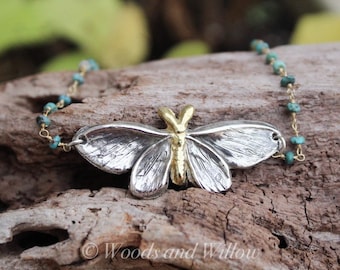 Sterling Silver Moth Necklace, Moth Necklace, Silver Moth Necklace, Artisan Moth Necklace, Turquoise Necklace, Pearl Necklace