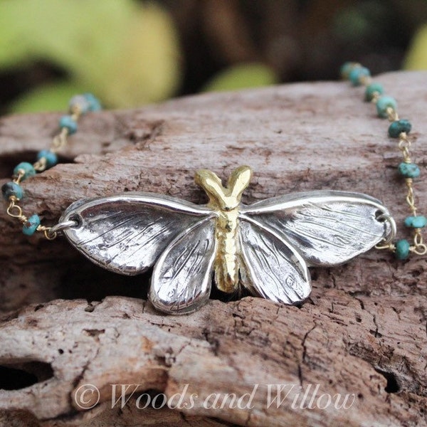 Sterling Silver Moth Necklace, Moth Necklace, Silver Moth Necklace, Artisan Moth Necklace, Turquoise Necklace, Pearl Necklace