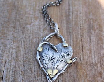 Sterling Silver Heart Pendant Necklace: Gold Bud Accents, Artisan Branch Design