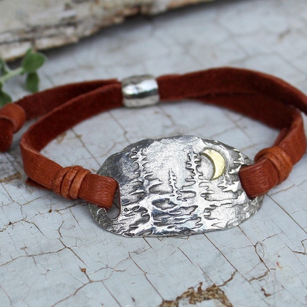 Sterling Silver Redwood Forest Bracelet, Leather Bracelet, Forest Bracelet, Silver Tree Bracelet, Artisan Bracelet
