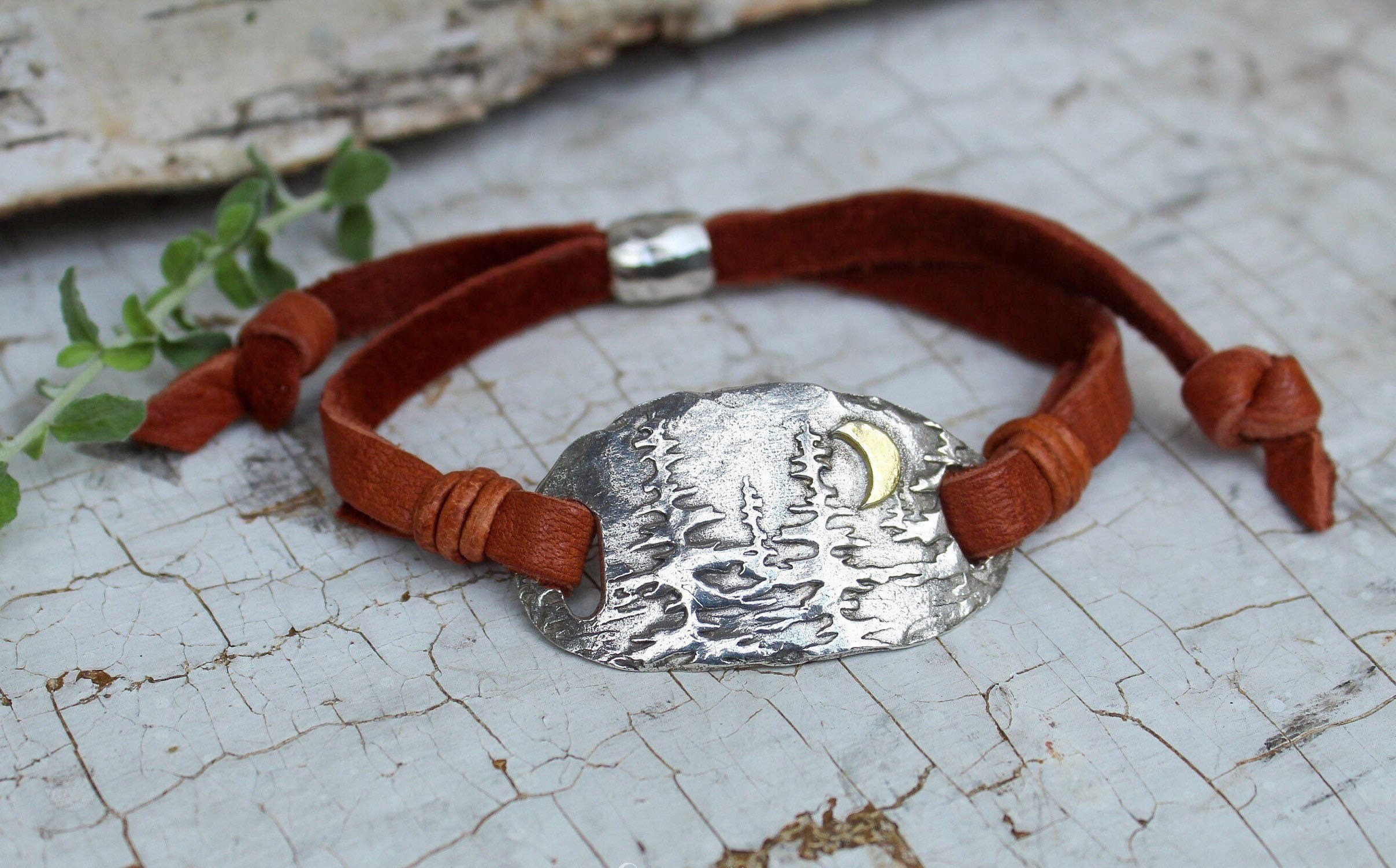 Sterling Silver Redwood Forest Bracelet: Artisan Leather Charm