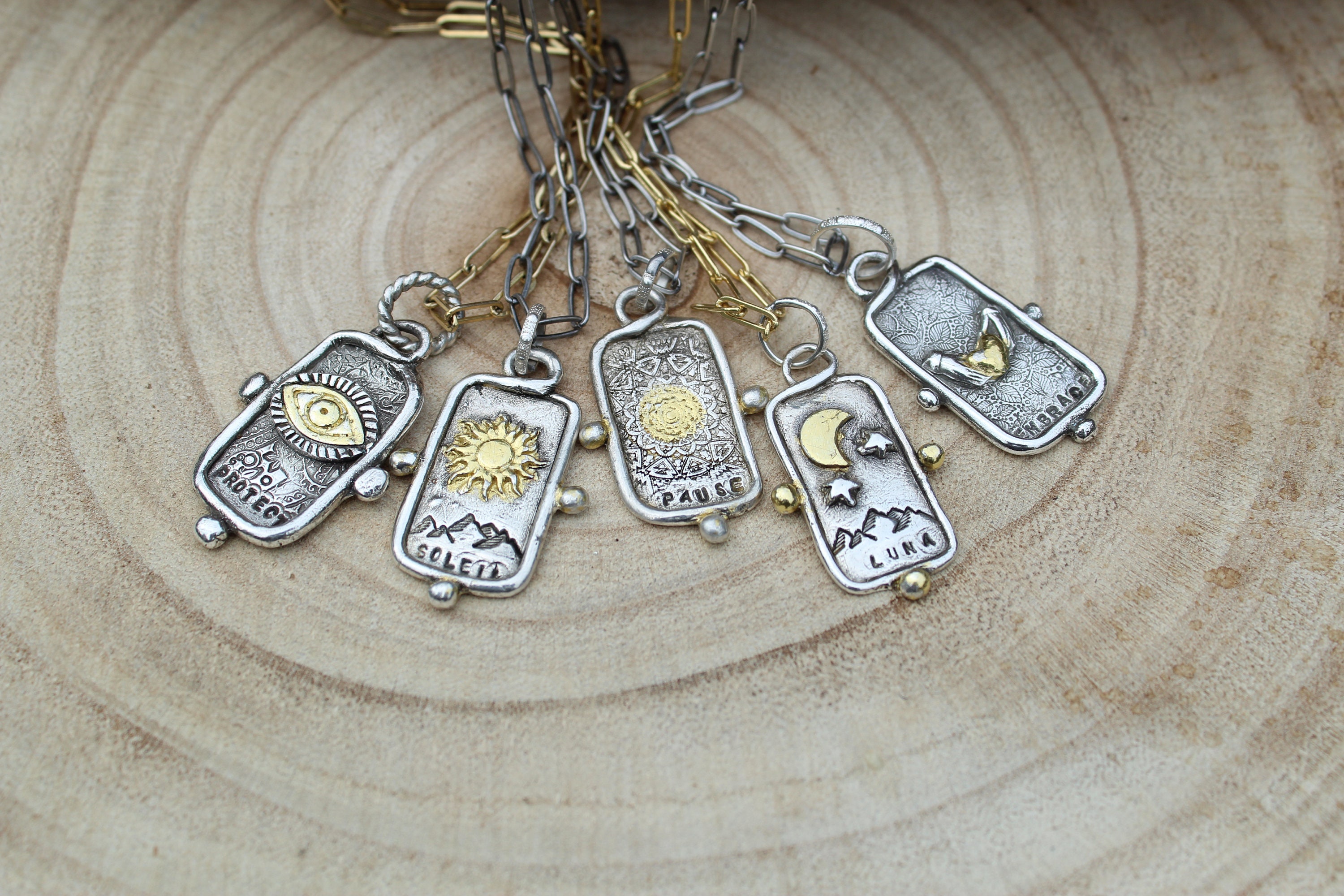 Sterling Silver and Gold Tarot Card Necklace, Tarot Card Necklace, Artisan Necklace, Talisman ...