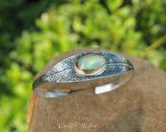 Sterling Silver Willow Leaf Cuff with Ethiopian Opal, Leaf Cuff, Gemstone Cuff, Artisan Cuff