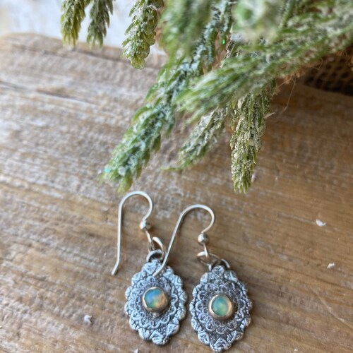 Ethiopian Opal Earrings, Sterling Silver Scalloped Earrings, Opal shops Drop Earrings, Artisan Earrings