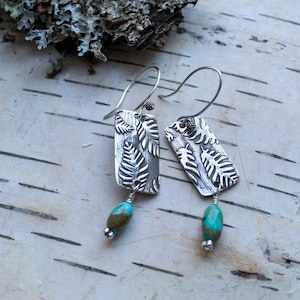 Botanical Vine Earrings with Turquoise Drops, Artisan Earrings, Turquoise Earrings