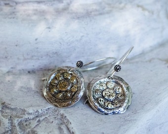 Italian Inspired Circle Earrings in Sterling and Gold, Round Disc Earrings, Handmade Earrings, Artifact Earrings