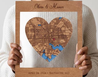 Custom City Map Wall Art – Personalized Wooden Location Map with Pin, Unique Engagement or Wedding Gift