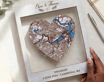Engagement Map Gift – Custom Coordinates Wall Art, Wooden Framed Map Gift for Couples & New Homeowners