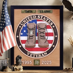May include: Wooden framed artwork with a patriotic theme. It features military boots, a U.S. flag, and the words "United States Veteran." The artwork also includes the years 1995 and 2025, and the name "Smith" and "U.S. Army" on top.