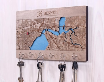 Custom City Map Key Rack with Hooks – Key Holder for Wall, Personalized Gift For Couple, Realtor Closing Gift, Unique Entryway Wall Décor