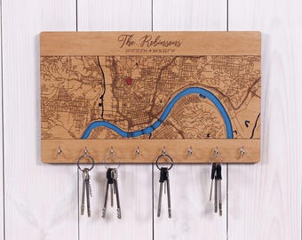 3D Wooden Location Map Key Holder – Custom Key Organizer with Hooks, Key Rack, Wedding Anniversary Gift, Modern Housewarming Present