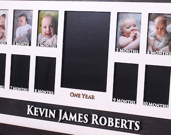 My First Year Photo Frame, One Year Monthly Picture personalized Display Board Newborn One Year 13 openings 2.5x3.5", one 5x7", 26x16inch