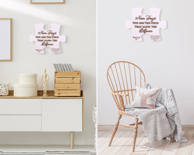 Peut inclure: Deux pi&egrave;ces de puzzle blanches avec le texte "N'oubliez jamais que vous &ecirc;tes la pi&egrave;ce qui fait la diff&eacute;rence" et le nom "Michael Smith 2023" sur une pi&egrave;ce. Les pi&egrave;ces sont accroch&eacute;es &agrave; un mur blanc.