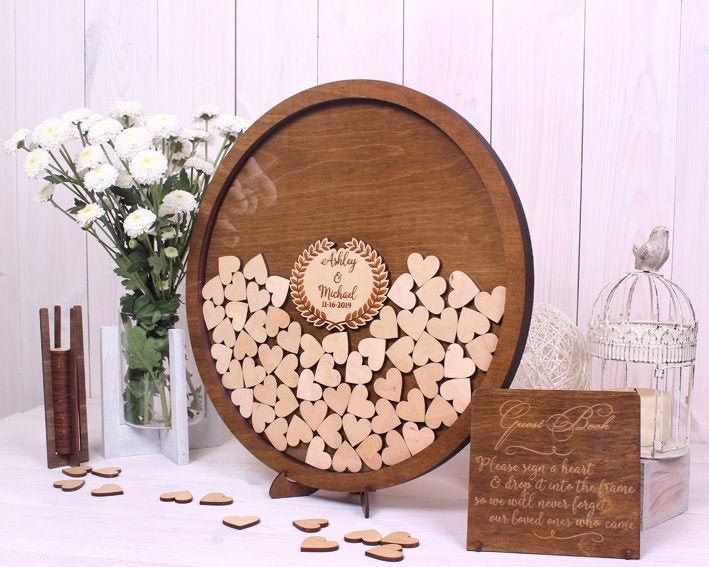 Alternative Round Wedding Guest Book Drop Box Wedding Guestbook Frame Circle Guest Book Wooden Hearts guest book Rustic guest drop box Wood