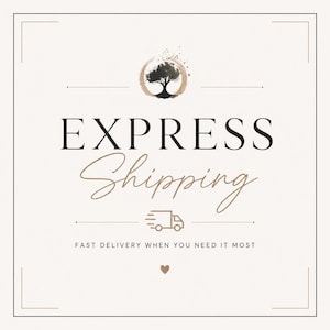 Peut inclure: Un graphique carré sur fond beige clair avec une icône d'arbre noir dans un cercle brossé. Le texte indique EXPRESS Shipping en noir et marron, suivi d'une icône de camion et du texte FAST DELIVERY WHEN YOU NEED IT MOST en lettres capitales.
