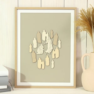 Jesus heilt die blutende Frau, christliche Wandkunst, 3D Holzbild, Frau berührt Jesus, Bibel minimalistische Kunst, Bibelgeschichte, Taufe Geschenk