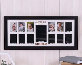 3D Baby Birth through One Year Monthly Photo Picture Frame, personalization of birth 12 openings 2.5x3.5", one opening 4x 6",  25x11inch